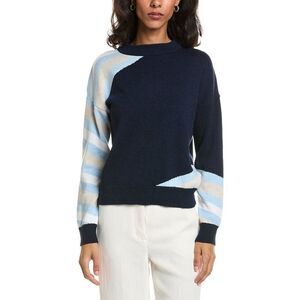 Forte Womens  Intarsia Stripe Crewneck Sweater, Navy
